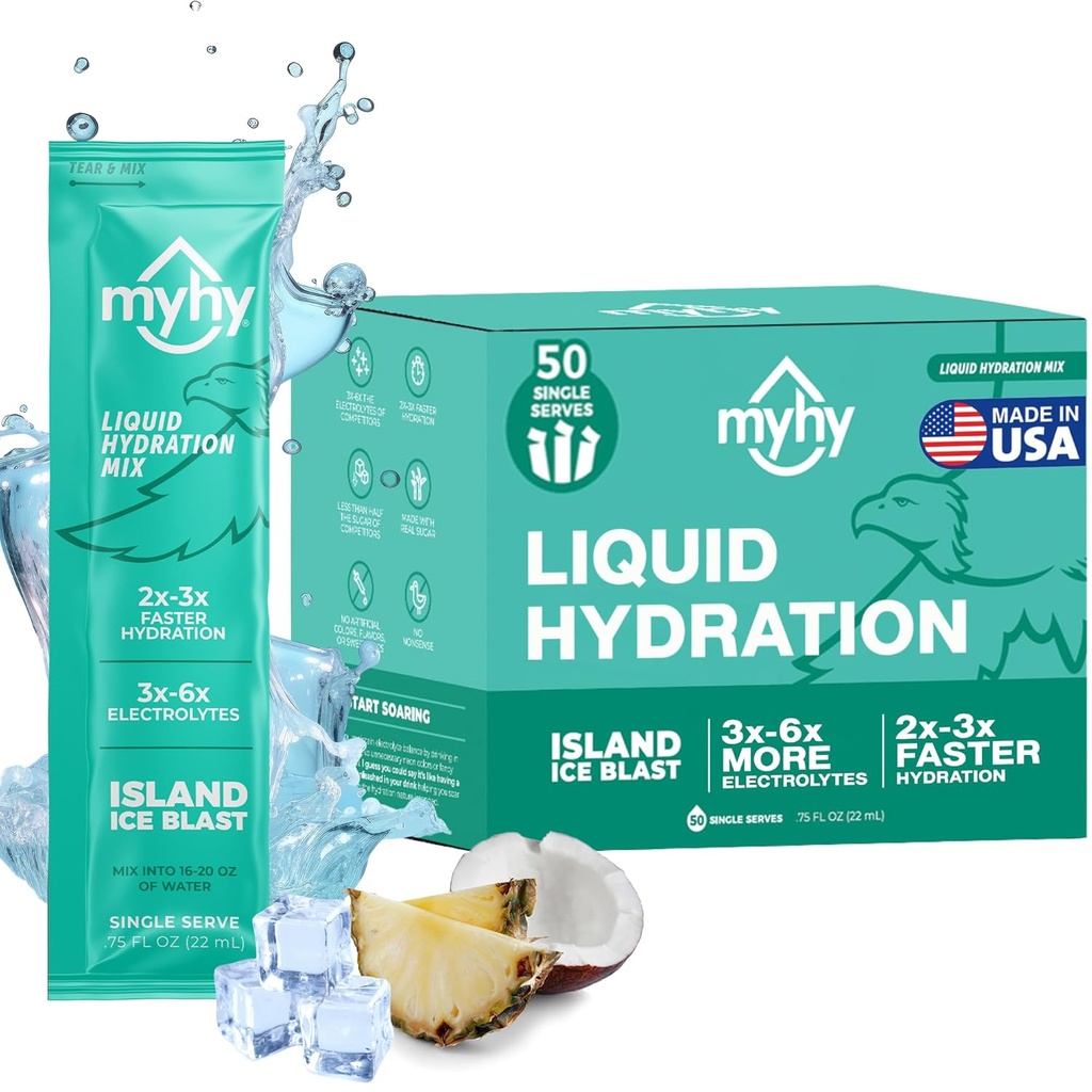 MyHy Liquid hydrotion Packets, Electrolyte drink Mix for Adults & Kids Hydration Support, Dehydration Relief for Travel, Pregnancy, Fitness, First & Firstette Party - Ice, 50 Count