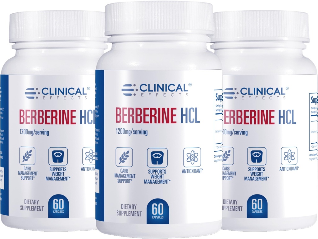 השפעות קליניות Berberine HCL - Pure Berberine 1200 מ"ג - תמיכה Liver - תוספת טבעונית - 3 Pack - Made בארה"ב
