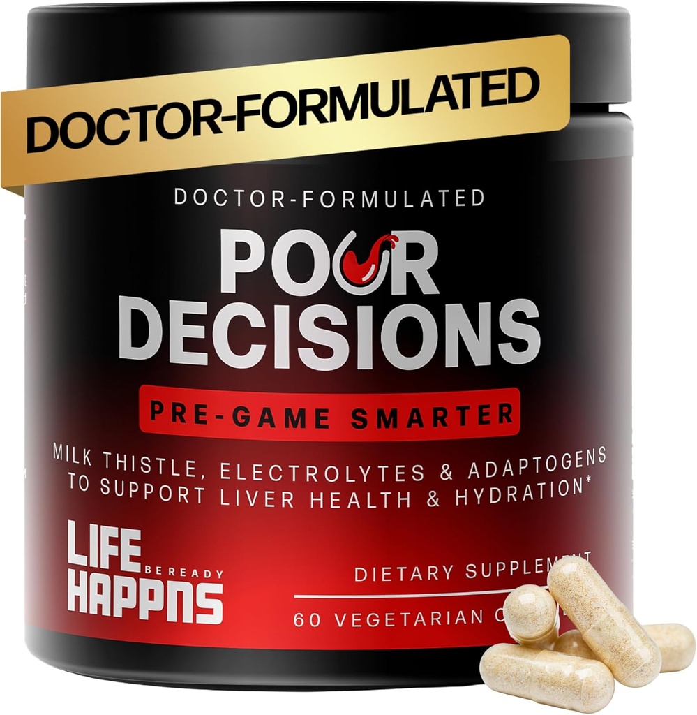 Life Happns Pour Decisions Liver Health Supplement with Milk Thistle, ויטמין B6, אלקטרוליטים - תמיכה בשיקום ושיקום, 60 קפסולות