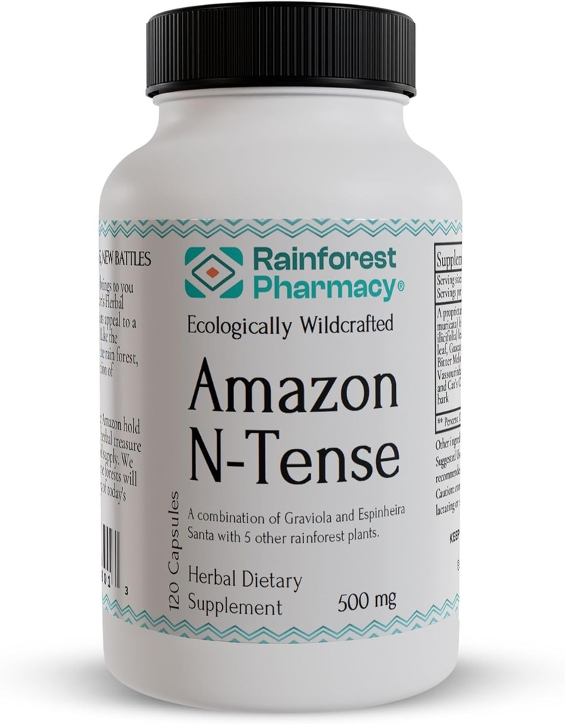 Rainforest Pharmacy N-Tense Soursop Graviola קפסולות 500 מ"ג | Wild made Graviola Plus 7 Rainforest Herbs כדי לתמוך בריאות סלולרית 120 קפסולות צמחוניות