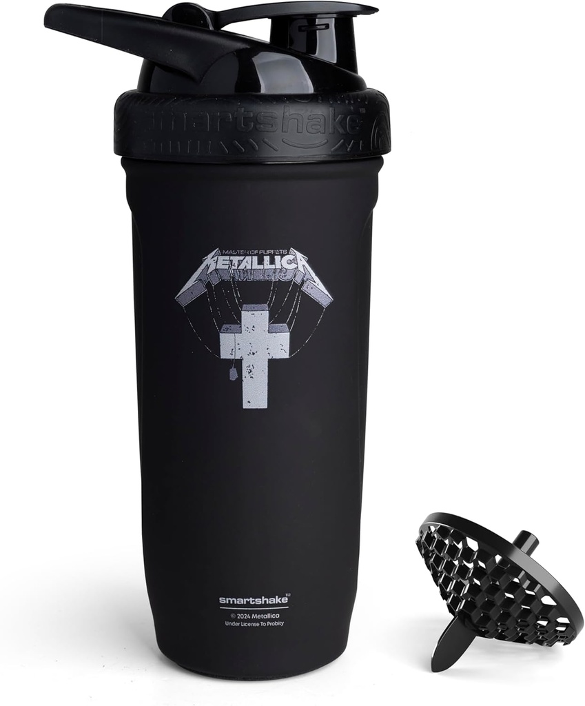 Smartshake Rockband Reforce Stainless Steel חלבון Shaker 900 מ"ל | 30 oz - Leakהוכחה Screw-on Lid - BPA Free - Unisex - Metallica, Master of Puppets Logo על הבקבוק