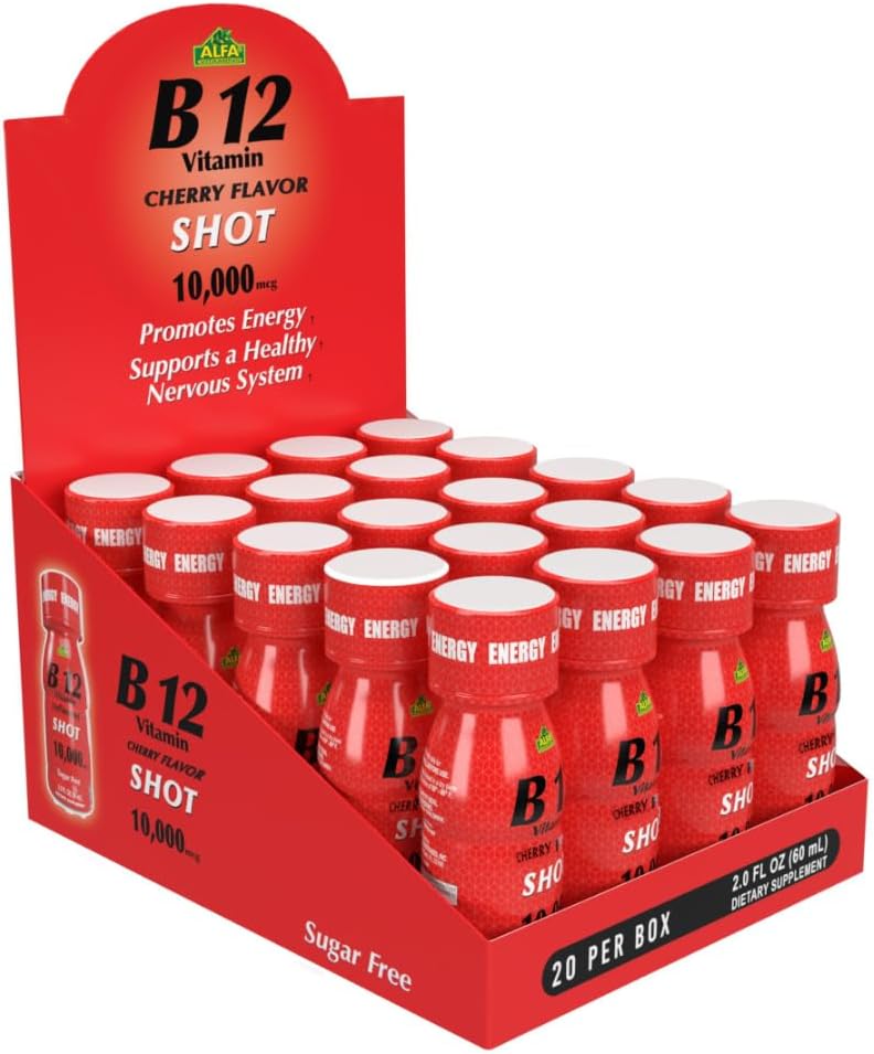 ALFA VITAMINS B12 ויטמין ירה עם 10000 MCG קיבולת הגבוהה ביותר - סוכר ללא תשלום, Caffeine-Free - Energy Shot ( 2.0 FL OZ בקבוק) 20 Pack
