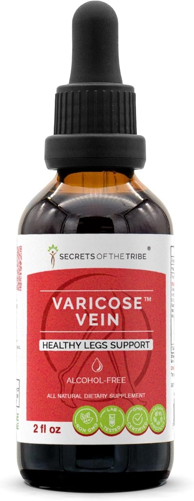 Secrets of the Tribe Varicose Vein Alcohol-Free, Glycerite Butcher's Broom, Horse Chestnut, Bilberry, Cayenne, Gotu Kola, Grape. Tincture, Herbal Extract Healthy Legs Support 2 OZ