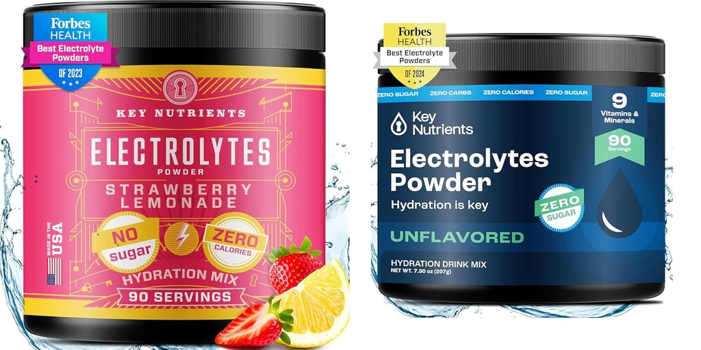 אבקת אלקטרוליטים KEY NUTRIENTS אבקת Bundle - גוסי סטרוברי Lemonade & Unflavored Electrolyte אבקות (90 משרתות כל אחד) - אבקת הרזיה ללא סוכר, קטו-ידידותית עבור אנרגיה, התאוששות & Endurance