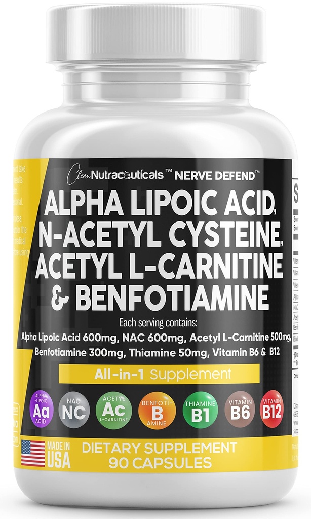 Alpha Lipoic Acid 600 מ"ג N-Acetyl Cysteine 600 מ"ג Acetyl L-Carnitine 500 מ"ג Benfotiamine 300 מ"ג - תוספת תמיכה עצבית עבור נשים וגברים עם ויטמין B1 B6 ו B12 - Made in USA 90 Caps Caps Capstyamine 300mg - תוספת תמיכה עבור נשים וגברים עם ויטמין B1 B6 & B12 - Made in US 90 Caps בארה"ב 90 Caps בארה"ב 90 Caps בארה"ב 90 Caps בארה"ב 90 Caps