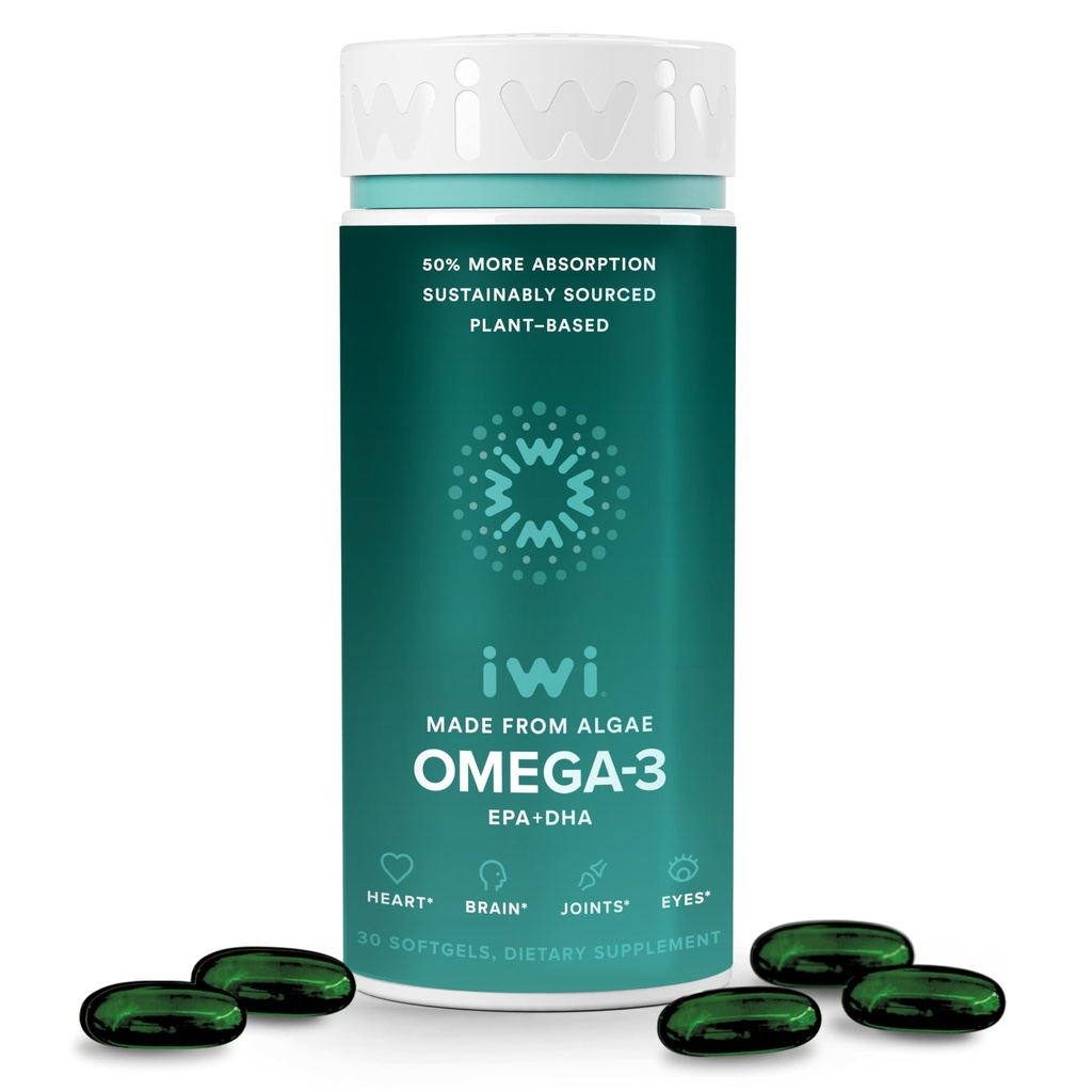 Iwi אומגה 3, 30 Softgels (30 משרתים), טבעוני צמחי מבוסס Algae אומגה 3 עם EPA + DHA, שלם-Body תמיכה Dietary תוספת, קריל & Fish שמן אלטרנטיבי, No Fishy Aftertaste