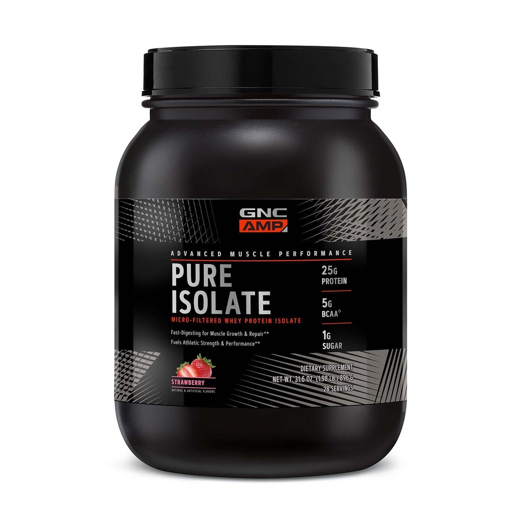 GNC AMP טהור Isolate אבקת חלבון Whey, צמיחה שרירים, התאוששות, ביצועים, 25g חלבון, 5g BCAA, 1g סוכר, 130 קלוריות או פחות, 3rd Party Tested, Gluten Free, Strawberry, 28 SVG