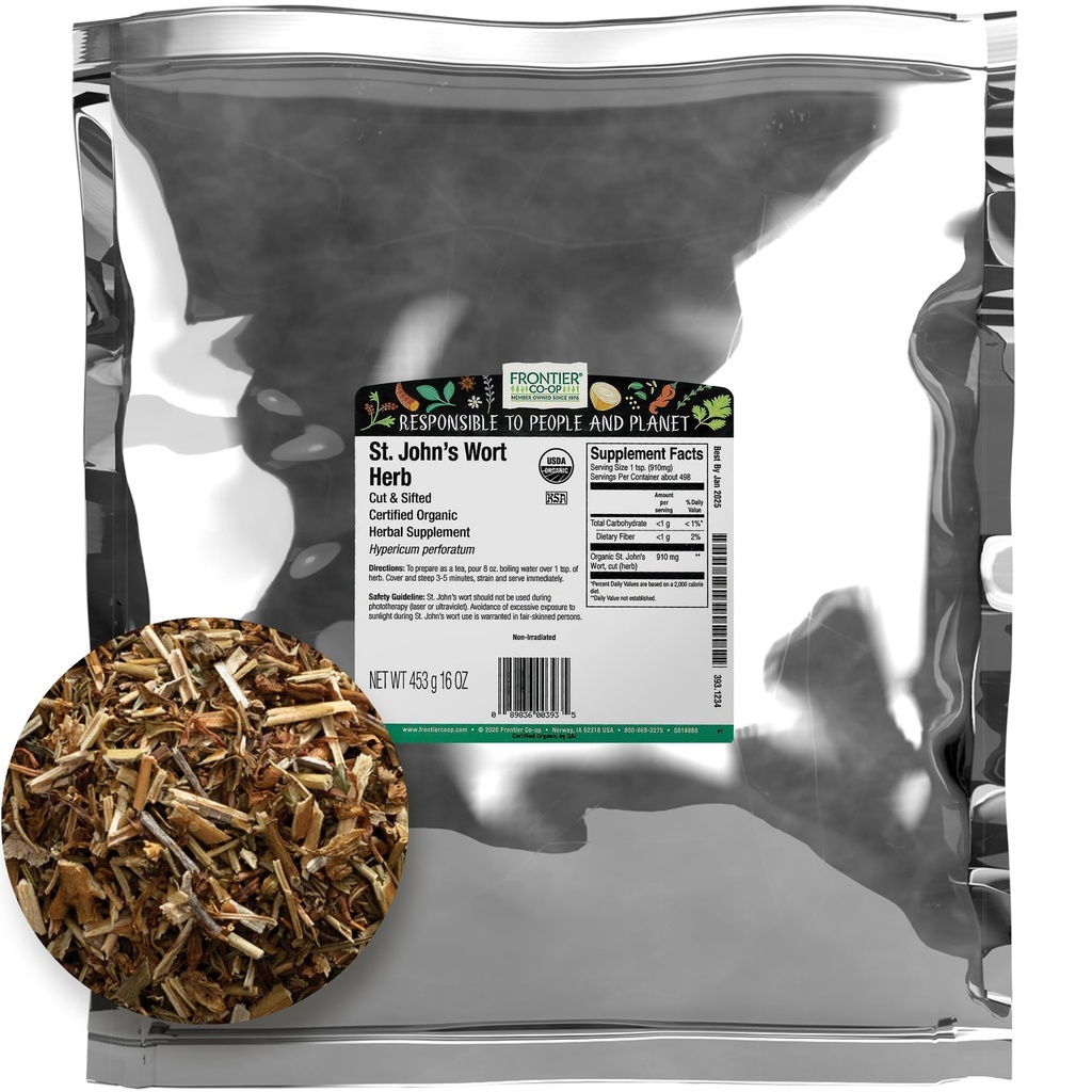 Frontier Co-Op Organic Cut and Sifted Saint John's Wort Herb 1lb - Dried Herb for St Johns Wort Organic Tea Or Diy כמוסות, שמן, Tincture, תוסף