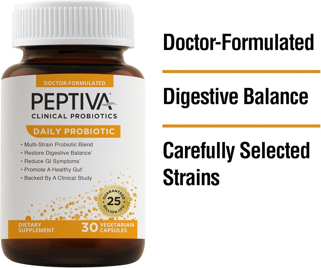Peptiva Daily Probiotic, 25 מיליארד CFU, Multi-Strain Probiotics, Lactobacillus Acidophilus, Bifido חיידק, תוסף תמיכה תזונתי - 30 Count Count