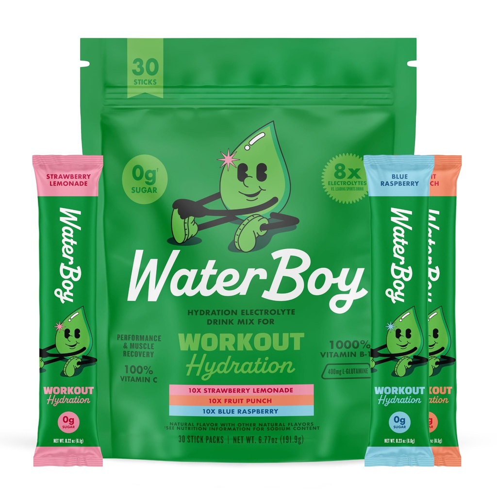 Waterboy Workout hydrotion | 2,960mg Sugar Free Electrolyte אבקת Packets | L-Glutamine + ויטמינים | No Sugar, All Natural, Gluten Free (Variety)
