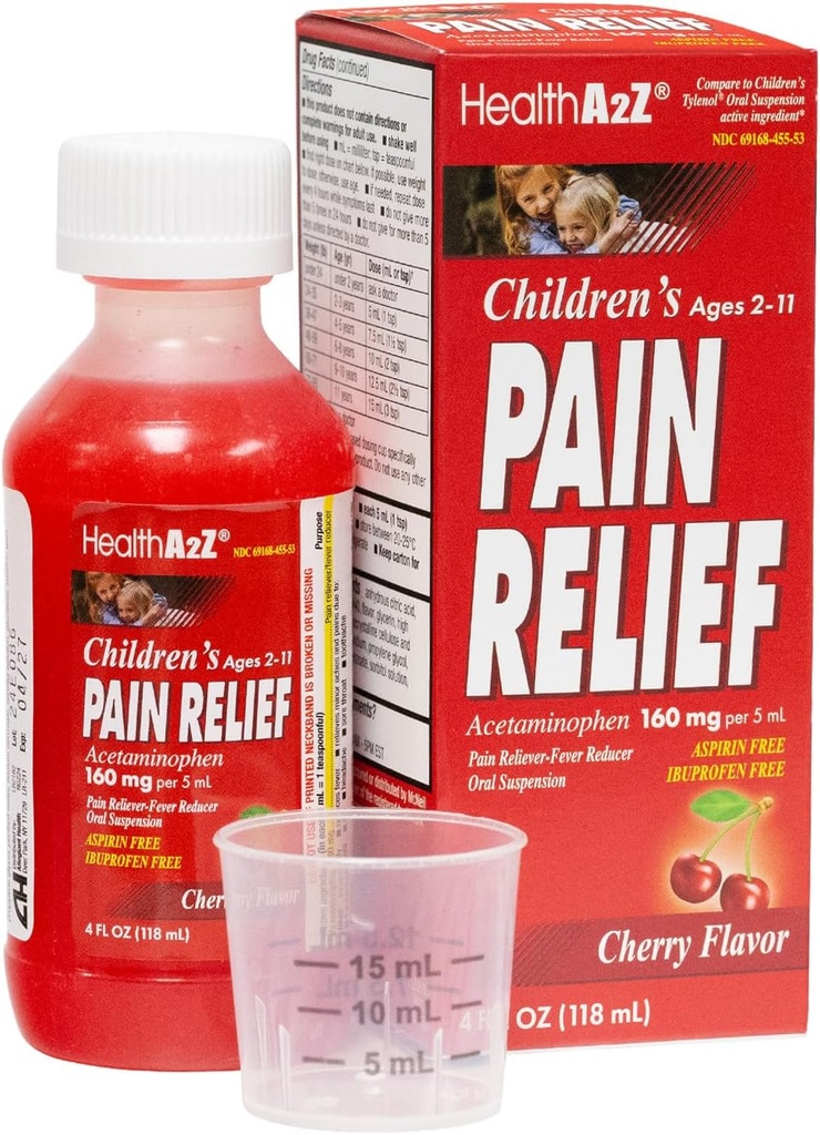 HealthA2Z® Children's Pain Relief | Acetaminophen 160 מ"ג (5mL) | Ages 2-11 | Cherry Flavor