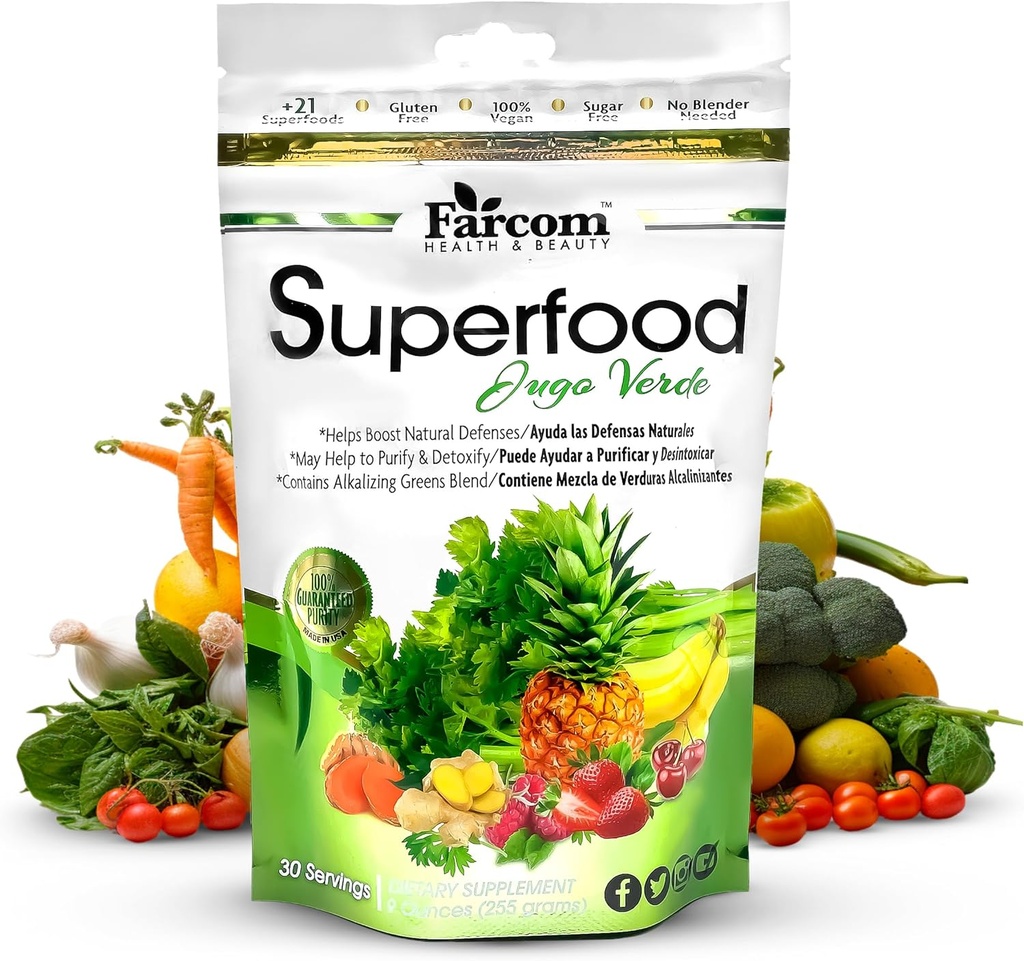 Superfood Green Juice אבקת - תערובת של מעל 21 Super Greens, Fitogens, Prebiotics, Probiotics, Antioxidants - Detox, Energy, and Immune Support - טבעוני, Gluten-FreeFreeFree