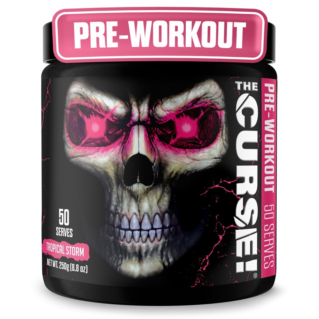 JNX SPORTS The Curse! אבקת עבודה מוקדמת לגברים ונשים, קפאין, Beta-Alanine, Creatine, L-Citrulline, 50 משרתים, Storm Flavor טרופי - Boost Energy, Power & Focus