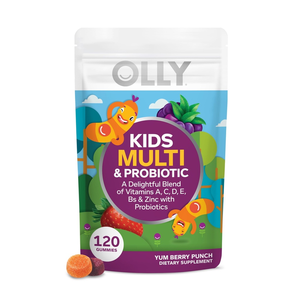 OLLY Kids Multivitamin & Probiotic Gummy, תמיכה תזונתית, ויטמינים A, D, C, E, B, Zinc, Chewable תוסף, ברי פלפור, 60 יום אספקה - 120 Count Count