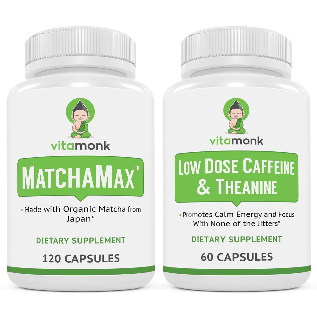 VitaMonk Energy & Focus Bundle: MatchaMAX אורגני קפסולות התאמה יפנית נמוכה Dose Caffeine ו Theanine