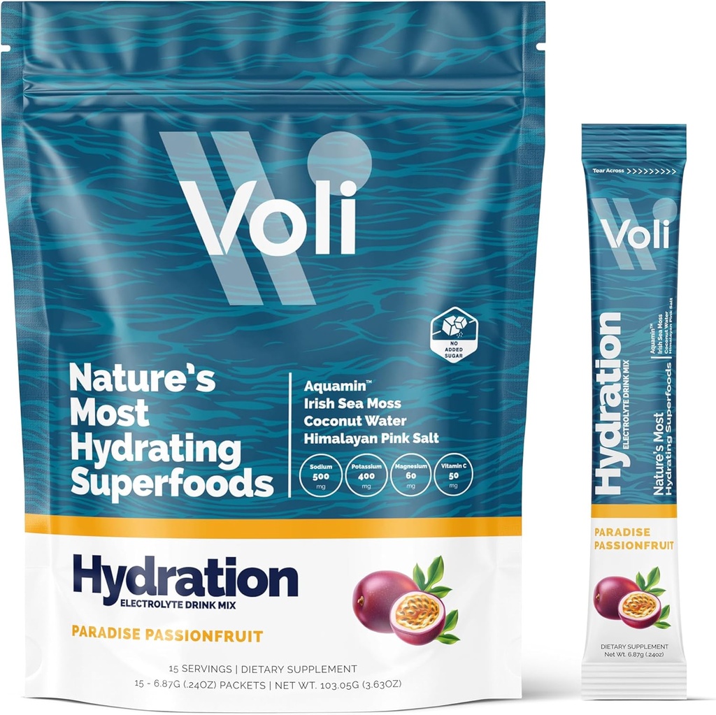 Voli Electrolytes אבקת Packets | No added Sugar Electrolyte drink Mix for Hydration | Keto & Fasting Friendly, Natural Superfoods & מינרלים | Passionפירות, 15Count