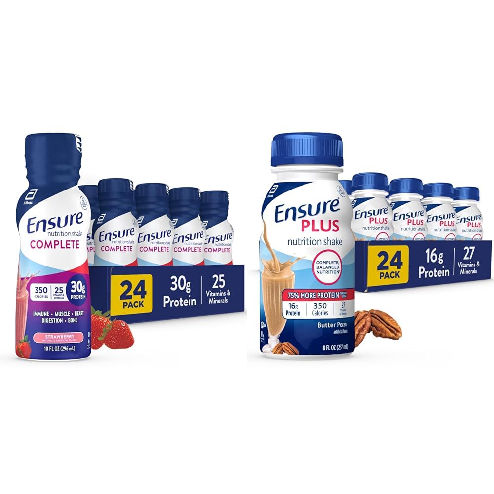 ודא ששקת תזונה של COMPLETE, 30 גרם של חלבון, החלפת Meal Shake, עם חומרים מזינים לבריאות החיסון, סטרוברי, 10 Fl Oz & Plus Butter Pecan Nutrition Shake, Meal Switch Shake, 24 Pack