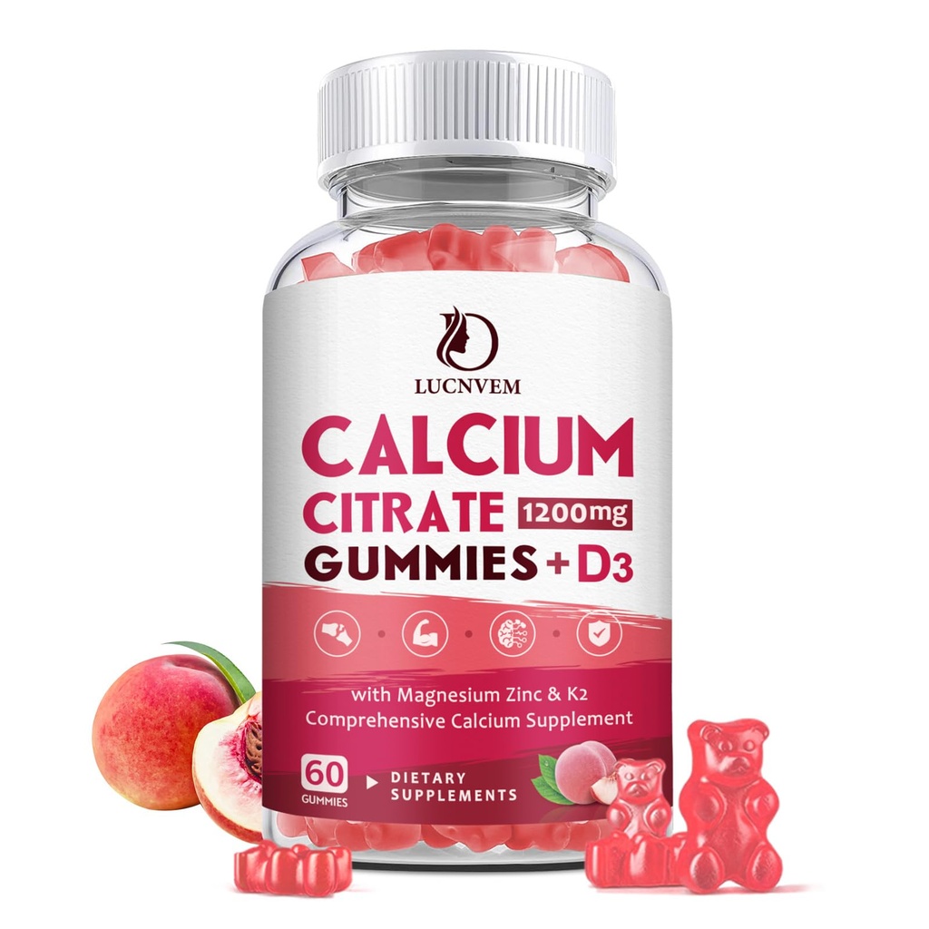 Calcium Citrate 1200 מ"ג עם ויטמין D3 מסטיקנים, Calcium Gummies עם ויטמין D3 עבור נשים וגברים, Cal Magnesium Zinc עבור שריר בריא - טבעי לבן Peach Flavor - 30 יום אספקה