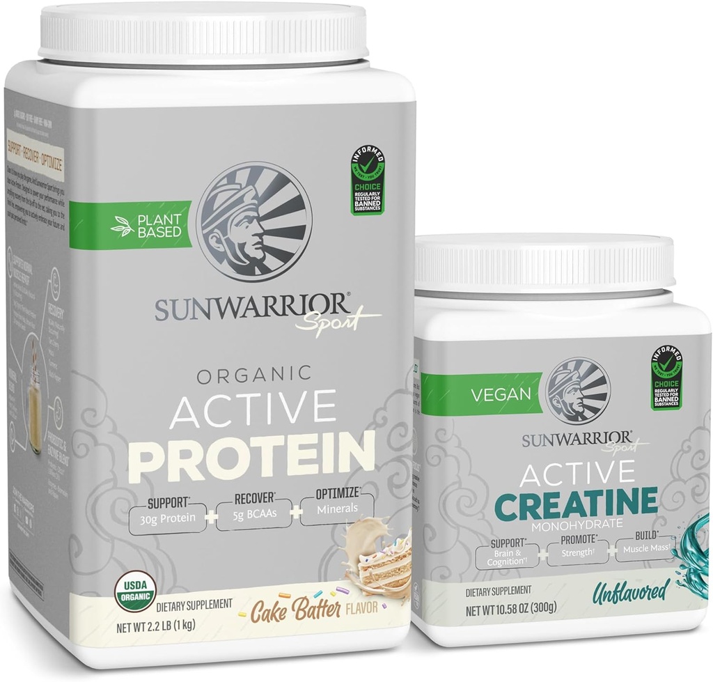 אבקת חלבון Sunwarrior טבעונית USDA אורגני | 20 מנות עוגה Batter Flavored & Creatine Monohydrate אבקה