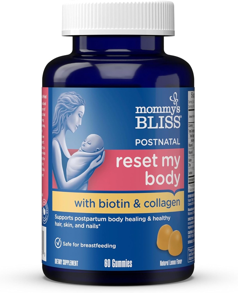 Am's Bliss Postnatal Support Energy & Recovery Gummies with Biotin & Collagen: Healing & Joint Health, Hair, Skin & Nails ויטמין, Gluten Free, 60 חניכיים (30 משרתים)
