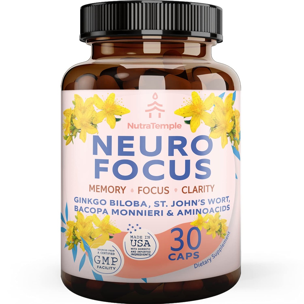 Brain Booster Gingko Biloba תוסף - Nootropics for Mind, Focus, Memory, Clarity with Bacopa Monnieri, St. Johns Wort - 30 כמוסות מזון למוח