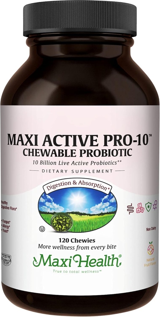 Maxi Health Active Pro-10 Kids Probiotic Chewables - 15 Strains for Digestive & Immune Health - 10 מיליארד פרוביוטי בלגן ללא חלב, כשר - תומך Gut Health, Vegetarian - 60 ct (Shelf Stable)