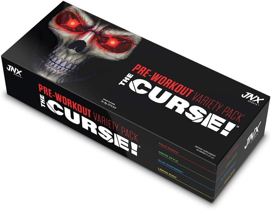 JNX SPORTS The Curse! אבקת עבודה מוקדמת לגברים ונשים, קפאין, Beta-Alanine, Creatine, L-Citrulline, Sample Variety Pack, 5X 8g דגימות - Boost Energy, Power & Focus