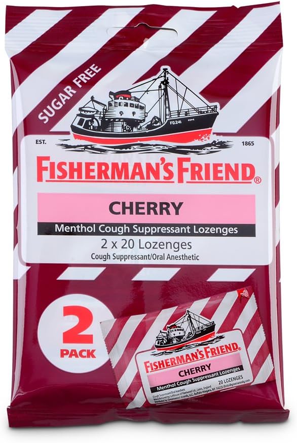 Cough Drops by Fisherman's Friend, Cough Suppressant and Soreגרון Lozenges, Cherry Sugar Free Menthol Flavor, 40 Count
