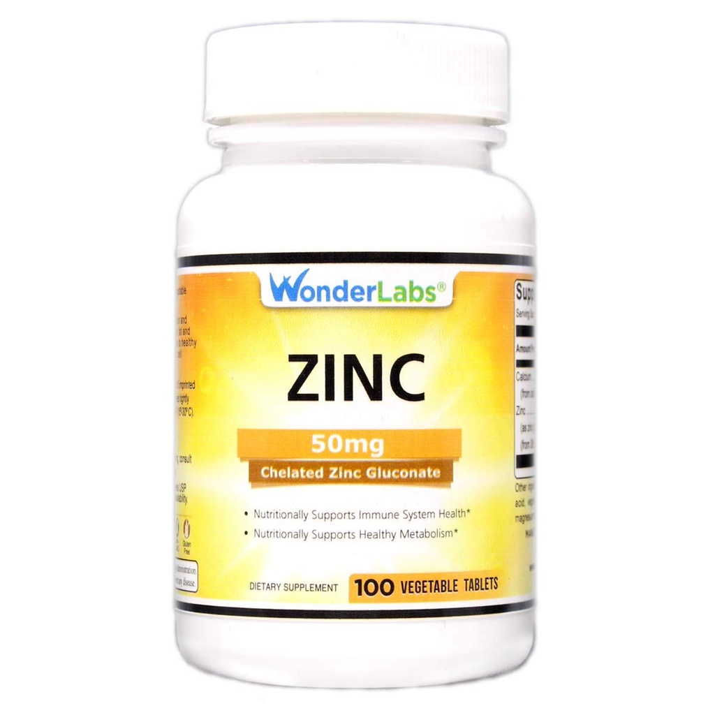 Wonder Laboratories Chelated Zinc Gluconate 50 מ"ג - תמיכה עור בריא, מערכת החיסון, גידול תאים ועוד - 100 טבליות Vegetarian