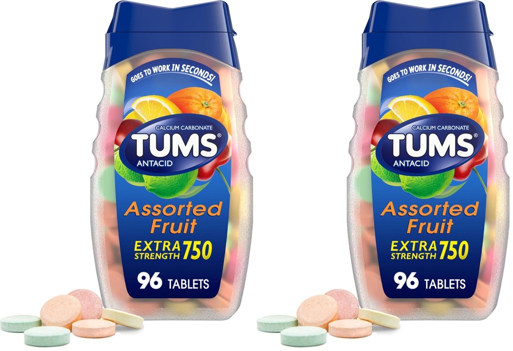 TUMS תוספת עוצמה טבליות עבור צ 'כיפוף לבבורן הקלה ו Acid Indigestion הקלה, Assorted פירות פלברס - 96 Count (Pack של 2)