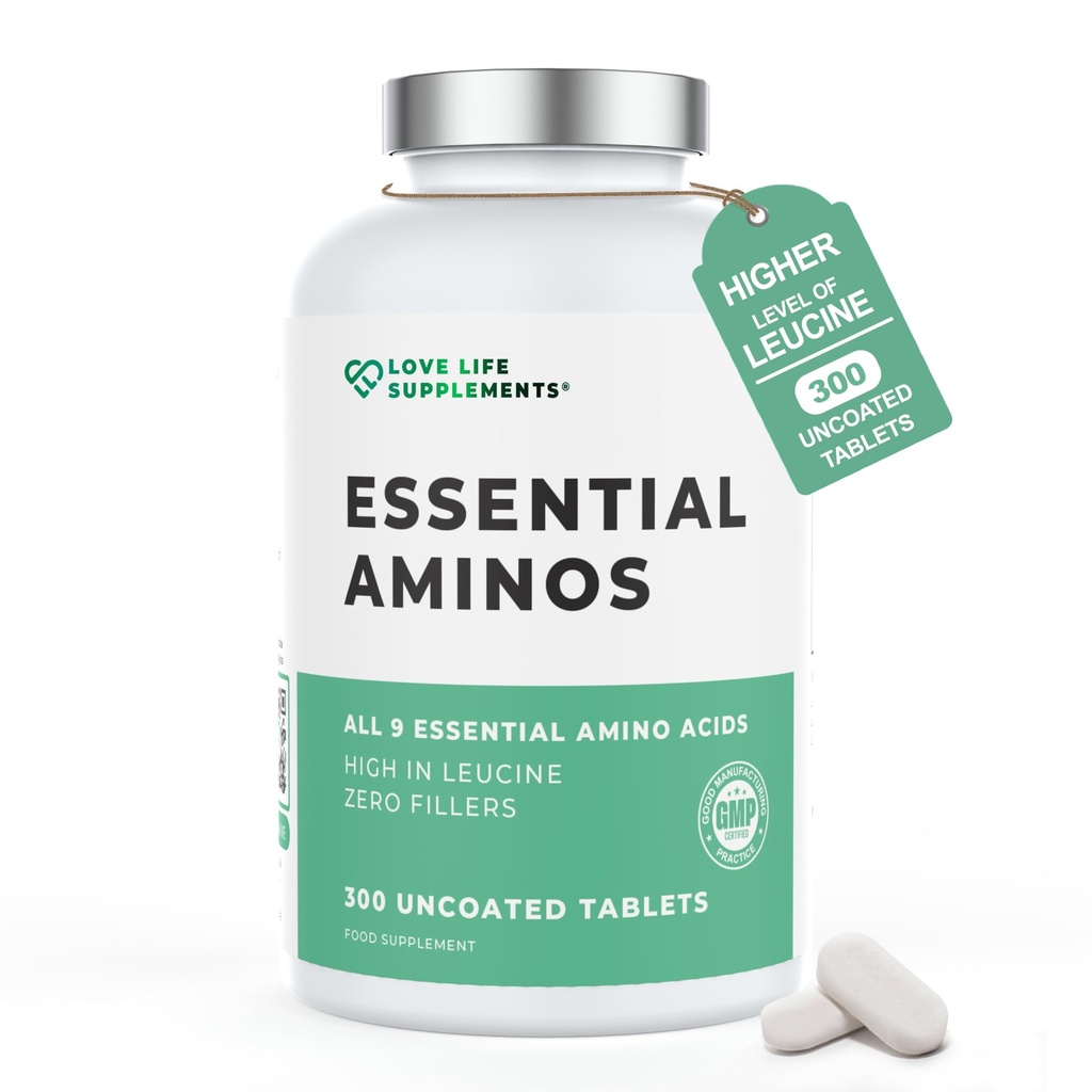 Essential Amino Acids - 300 Easy to Swallow Tablets / 60 משרתות - All 9 EAA Amino Acids עם כל 3 BCAA's Plus 6 יותר EAAs כדי לבנות ולתקן שריר, 5-10 גרם לשרת, גבוה Leucine ו טבעוני טבעוני טבעוני
