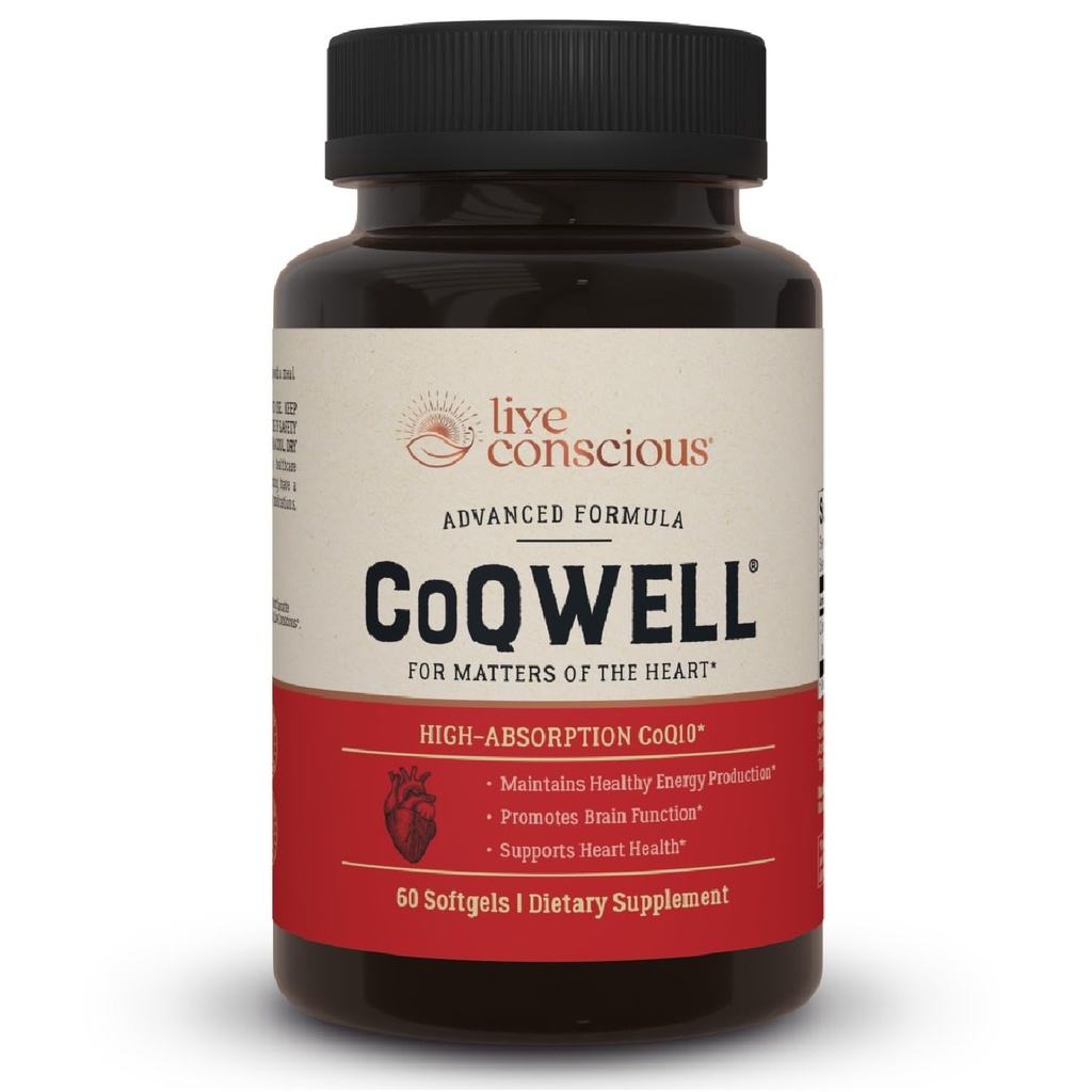 Live Conscious CoQWell - CoQ10 Heart, Brain, ו-Vircular Health Support, Coenzyme Q10 Ubiquinone - 60 Softgels - 60 יום אספקה