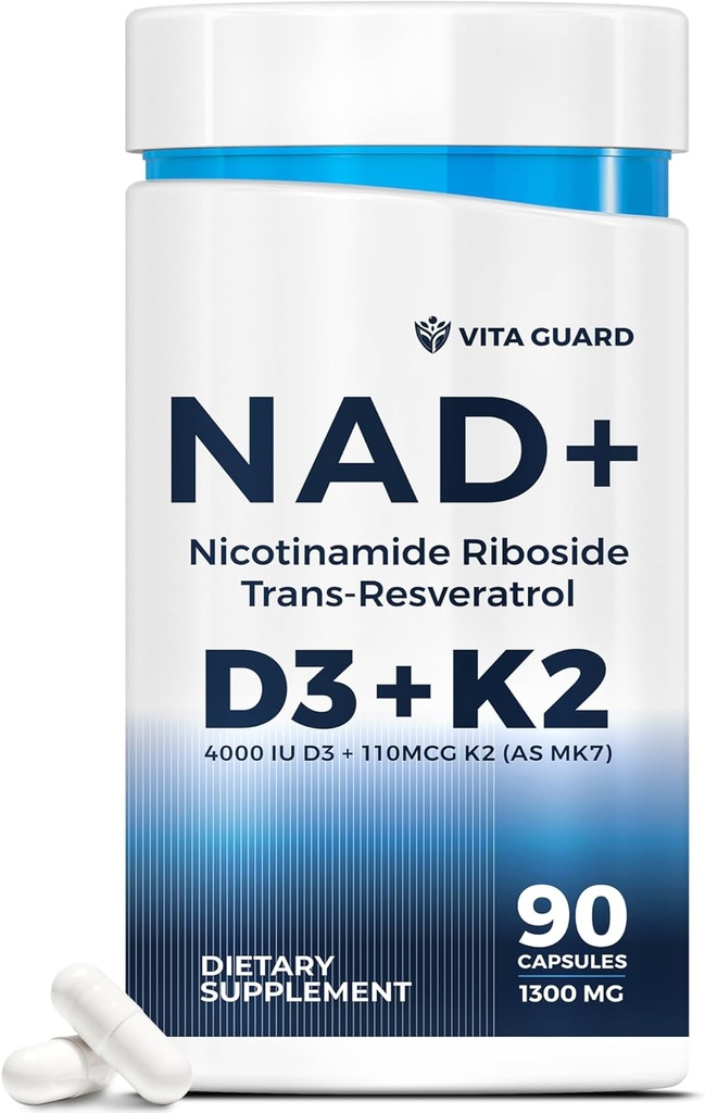 תוספת של אנרגיה NAD - NMN אלטרנטיבי עם Nicotinamide Riboside 1000 מ"ג, Trans-Resveratrol 300 מ"ג, ויטמין D3 4000 IU ו K2 110 mcg MK7 - Vegetarian 60 קפסולות, 1300 מ"ג, 1300 מ"ג