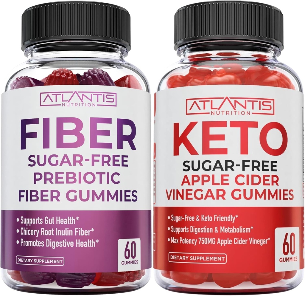 Atlantis Nutrition Sugar Free Preביוטיקה סיבים חניכיים למבוגרים 2-Pack (120 חניכיים) + סוכר חינם Keto Apple Cider Vinegar 60 חניכיים