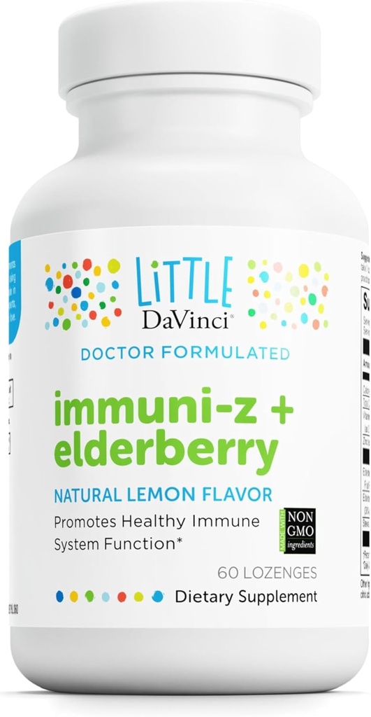 DAVINCI Little Immuni-z + Elderberry - ילדים Zinc Lozenge כדי לתמוך בבריאות החיסון, ריאות בריאים וגרון Tissue * - עם ויטמין D3, Zinc, Elderberry ועוד - Lemon Flavor - 60 Lozengesges