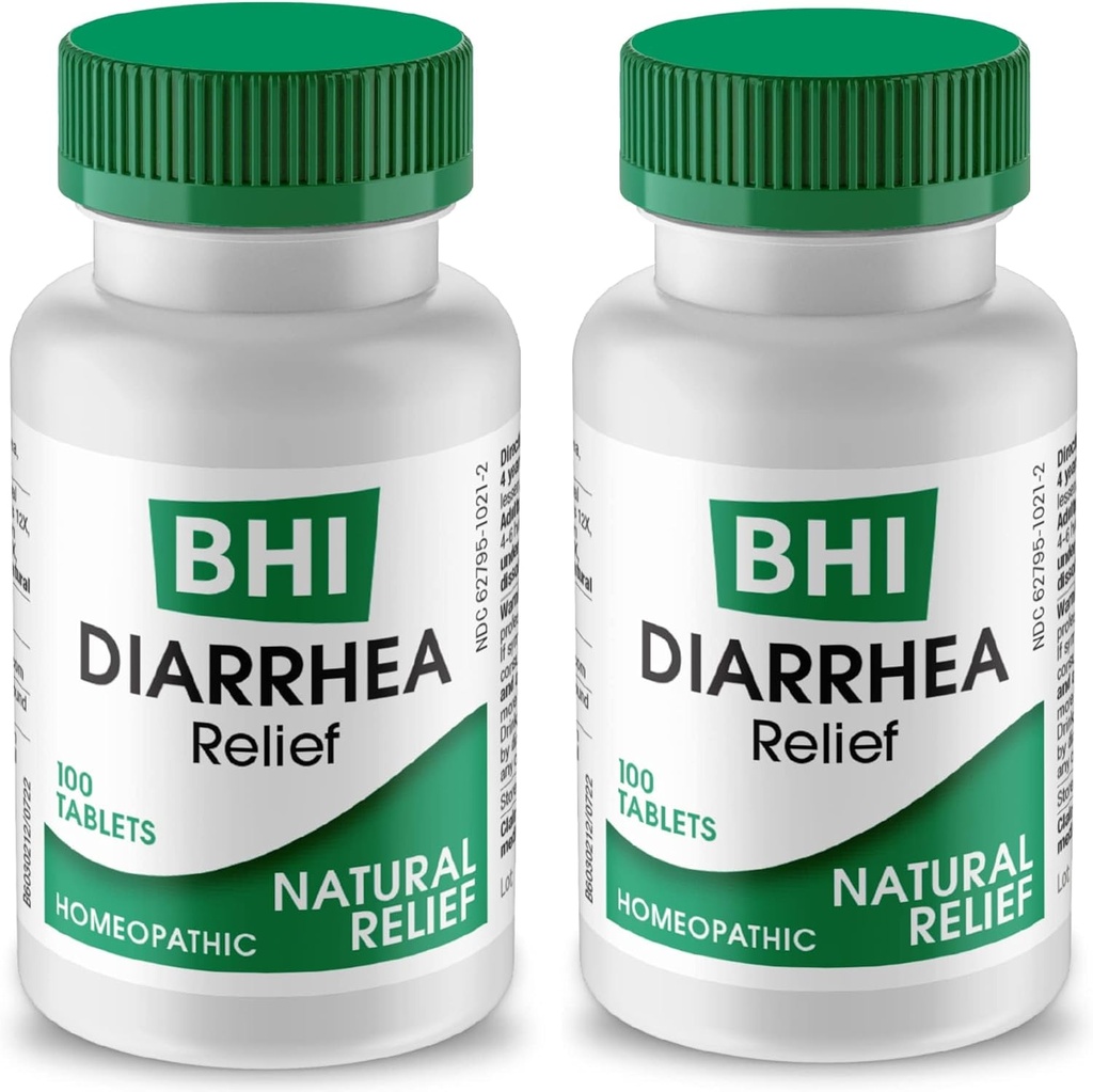 BHI Diarrhea הקלה מהירה מעשה טבעי עבור Mild Diarrhea - 8 Soothing Homeopathic Actives לעזור Calm Stomach Ache, Gas & Cramps עבור נשים וגברים - 100 טבליות (Pack of 2)