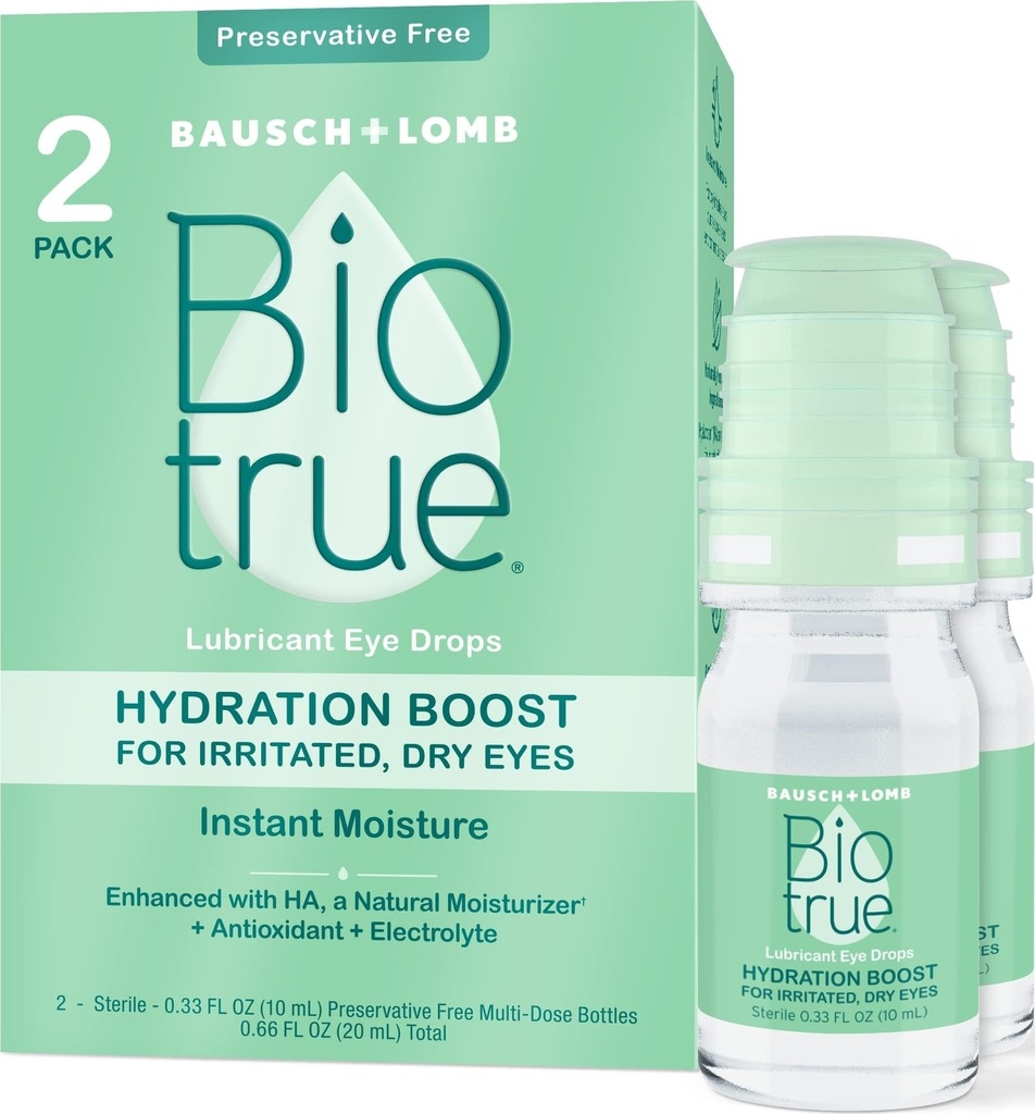 Bio truehydrtion Boost, Preservative-Free Eye טיפות לעיניים יבשות, מיידית Moisturizing, Rehydrates, Contact Lens Friendly, Doc & Relieve Eye Irritation, 0.33 FL Oz (Pack of 2)