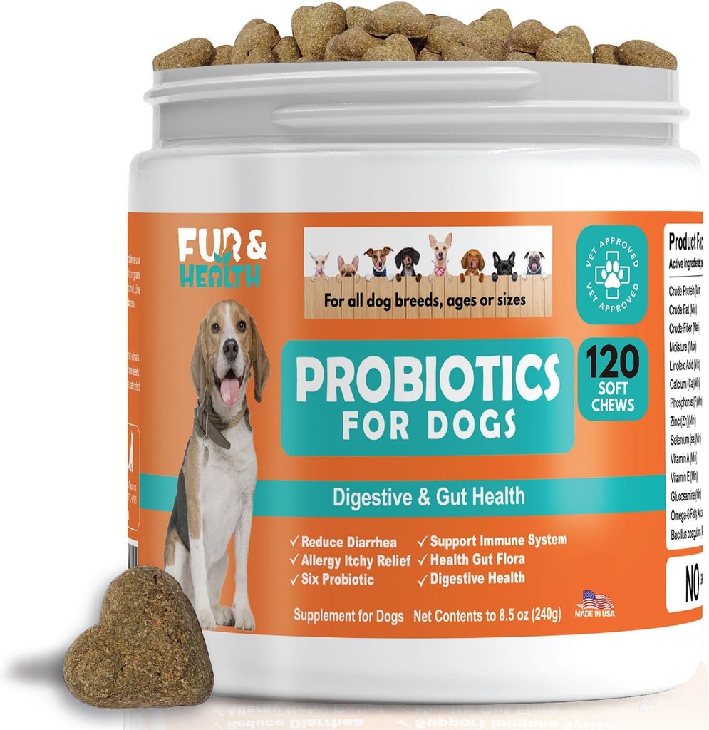 Probiotics for Dogs Digestive Health Supplement Allergy & Itchy Skin - Pet Diarrhea Gas Treatment Upset Stomach עוף פלאמור 120 Soft Chews