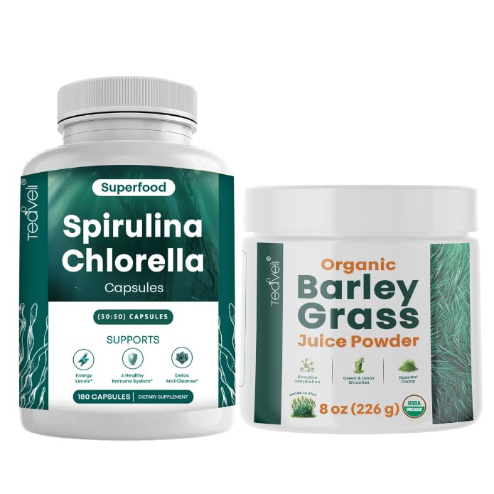Teaveli Spirulina Chlorella כמוסות ו Barley Grass אבקת Juice אבקת Bundle