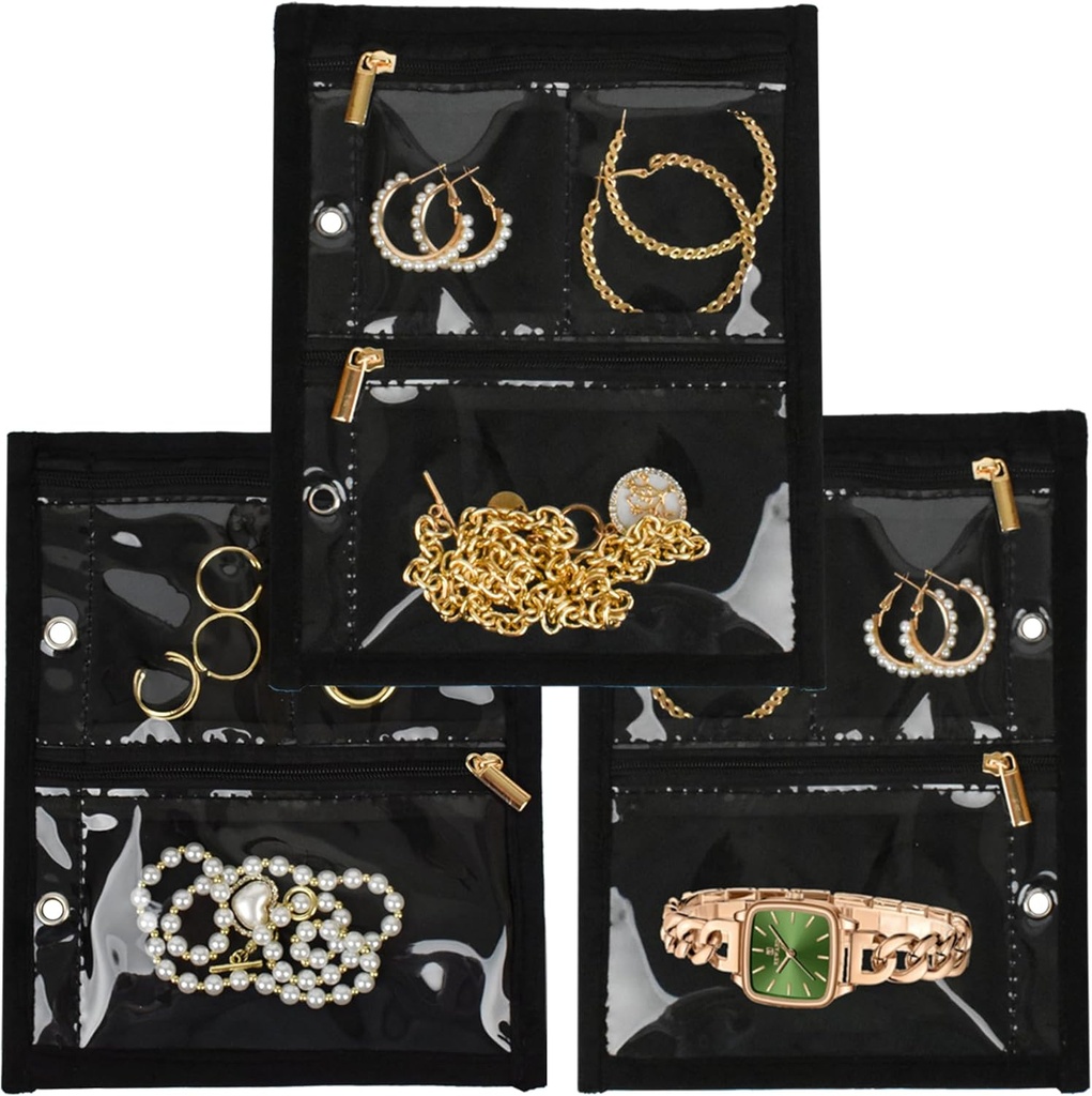תכשיטים נסיעות מארגנת מקרה, Jewelry Bags תכשיטים אחסון ספר Binder עם Clear Zipper Velvet Pouch עבור נסיעות, שולים, טבעות, תכשיטים, Bracelet (עמודי Inner, 3 PCS)