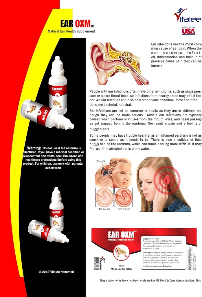 אוזניים OXM- Natural Ear Aches & זיהומים טיפות (1 בקבוק,15 מ"ל)