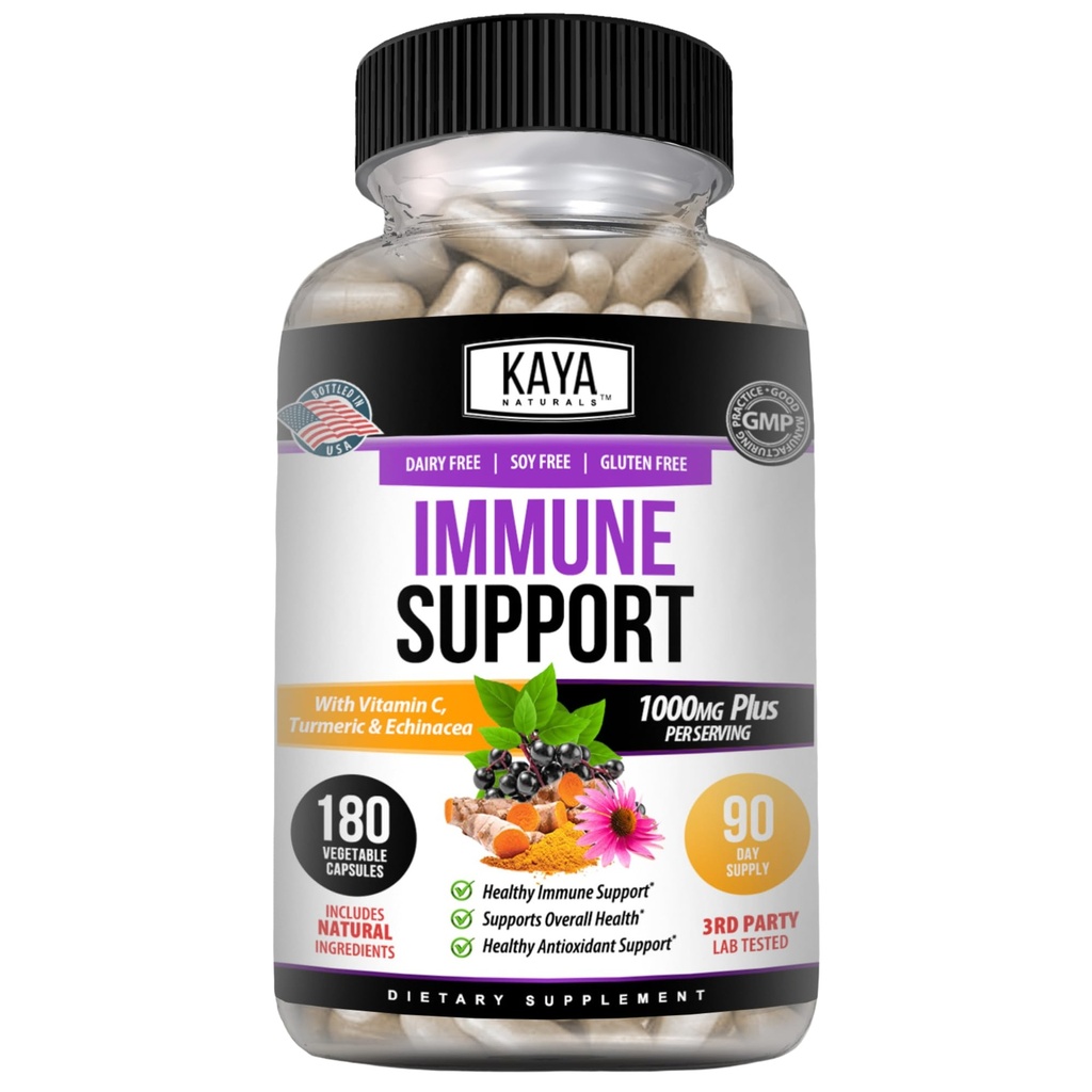 Kaya Naturals Elderberry Immune תמיכה עם Zinc ו ויטמין C למבוגרים, Probiotics & Turmeric 1000 מ"ג Immune System Booster Sambucus Elderberry קפסולות - 180 הרוזן
