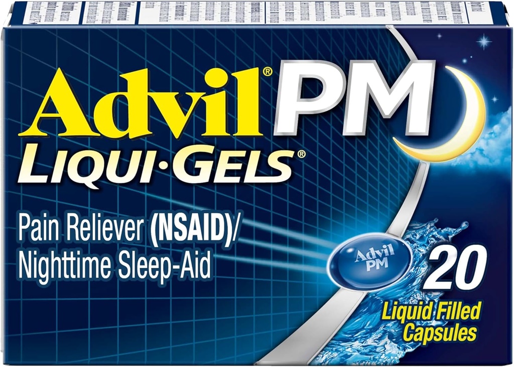 עו"ד Liqui-Gels Pain Reliever ו- Nighttime Sleep Aid, Pain Medicine with Ibuprofen for Pain Relief and Diphenhydramine HCL for a Sleep Aid - 20 קפסולות ממולאות - Back to College