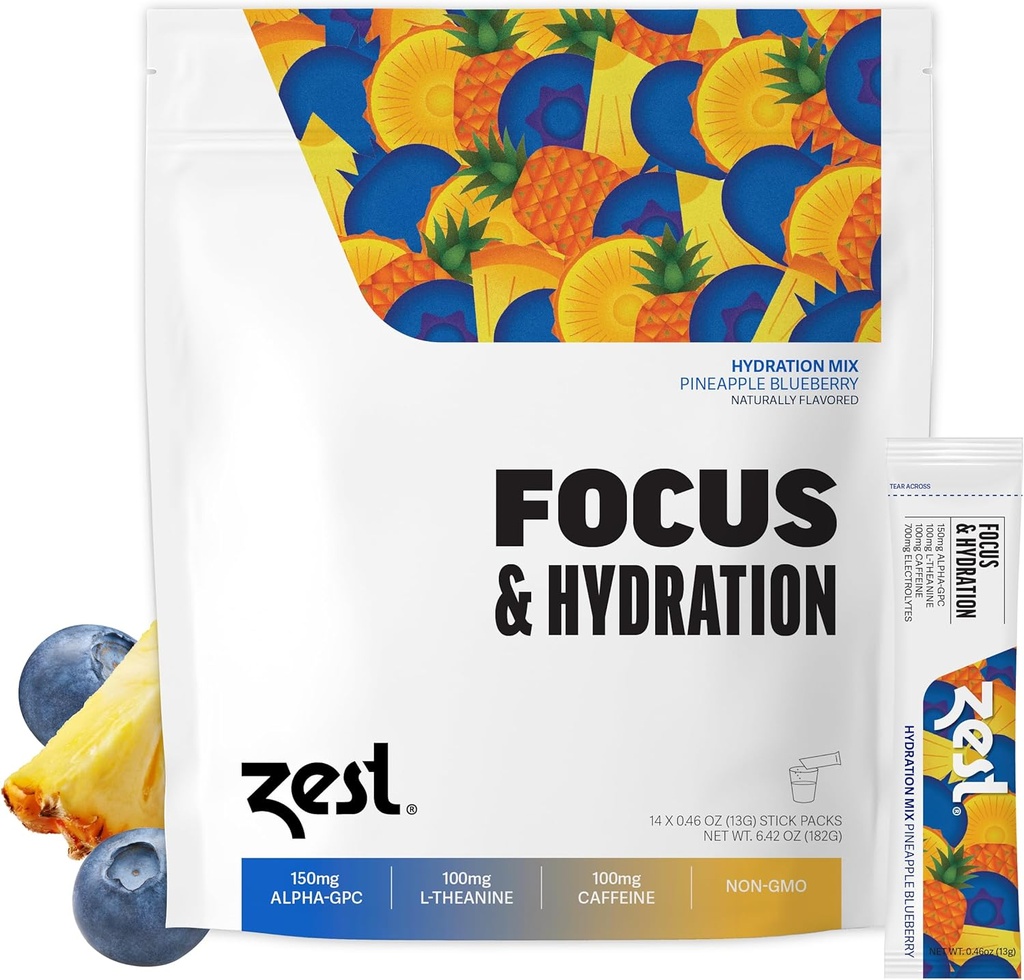 Zest Focus & Productivity Energy Drink - Pineapple Blueberry אבקת אנרגיה נקייה אבקות עם 100 מ"ג Caffeine, L-theanine & 150 מ"ג אלפא GPC Nootropics - אלקטרוליטים סוכר נמוך לזיכרון - 14 מקלות