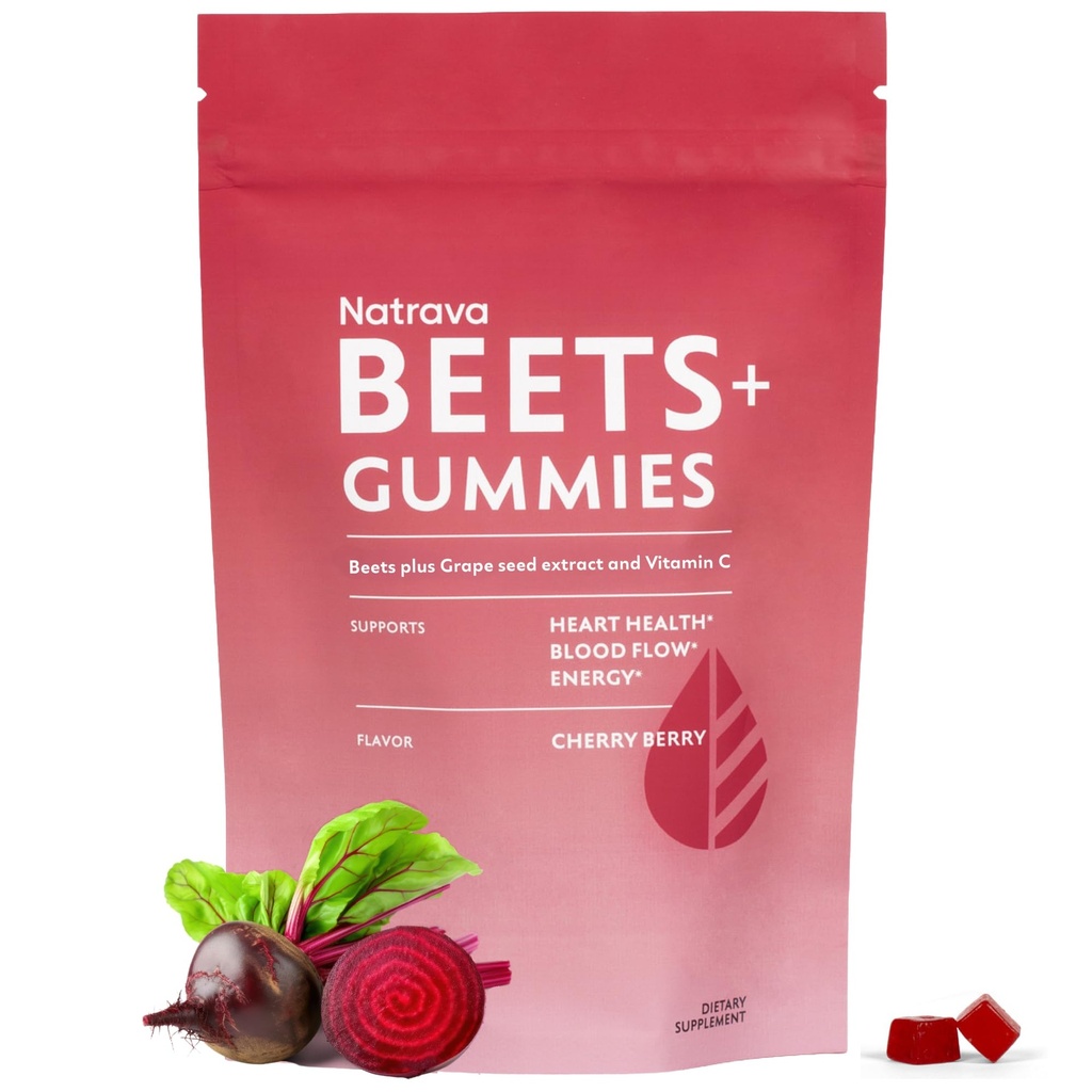 Beets+ Gummies - Premium Beet Root אבקת, Grape Seed Extractd Extractd ווויטמין C - תומך בלחץ דם בריא ובריאות הלב - סוכר נמוך Nitric Oxide ו- Circulation תוסף - 50 מסטיקנים