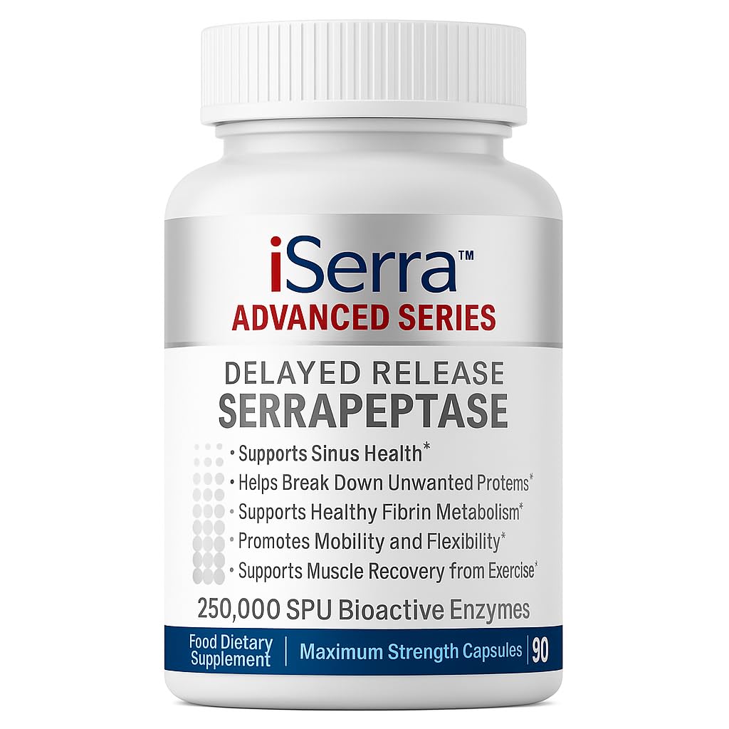 iSerra 250,000 SPU Serrapeptase Enzyme - 90 קפסולות כוח מקסימלי - עד 12x יותר פוטנט מאשר סראפטאז אחרים - נדחה טכנולוגיה - גבוה עוצמה לא GMO, גלטן חינם, טבעוני (Pack של 1)