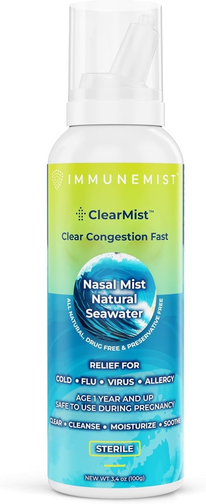 ClearMist Natural Seawater Nasal Spray for Congestion, Hypertonic Saline Nasal Spray for Dry Nose, Moisturating Sinus Decongestant Relief for Adults and Kids Made in שוודיה, בטוח עבור ימים 1+