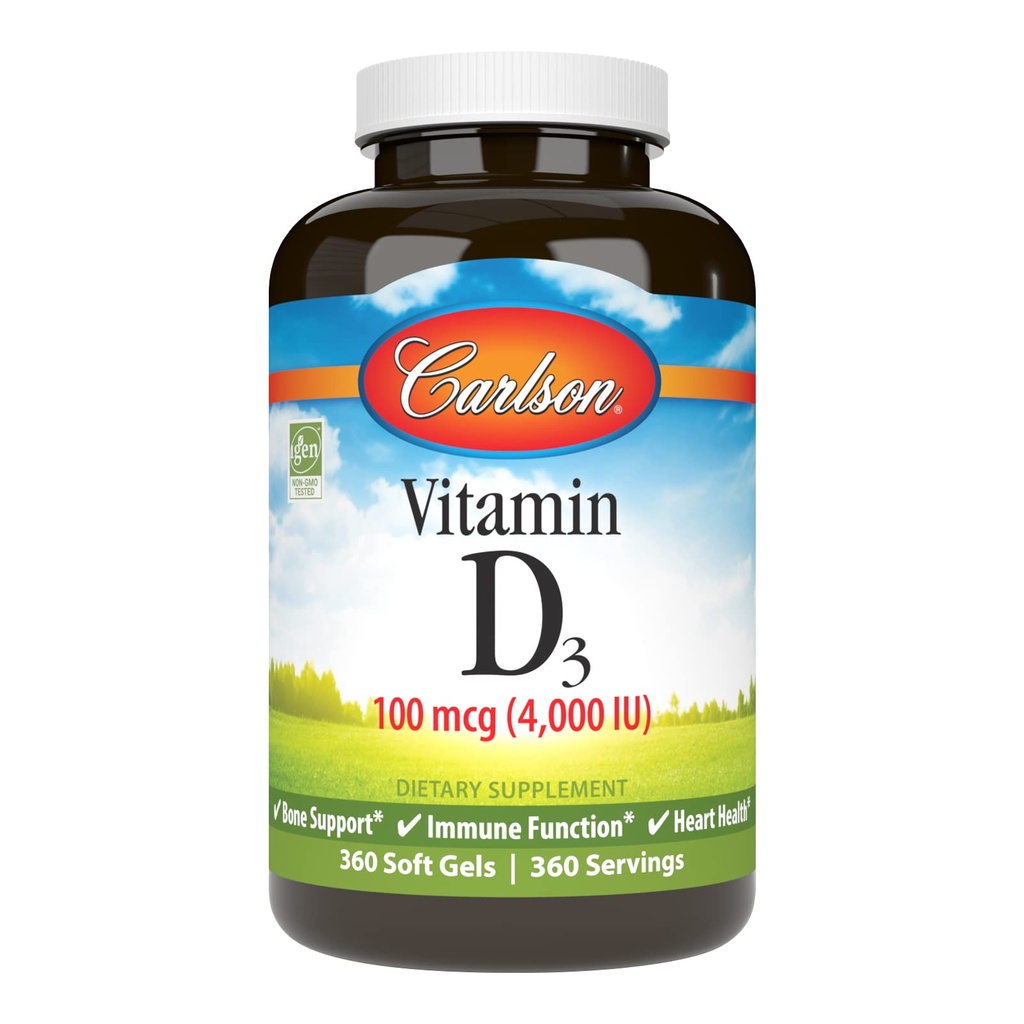 Carlson - ויטמין D3 4000 IU (100 mcg), תמיכה בשומן, בריאות העצם, בריאות השרירים, Cholecalciferol, ויטמין D תוספים, ויטמין D3 Soft Gels, 360 Softgels