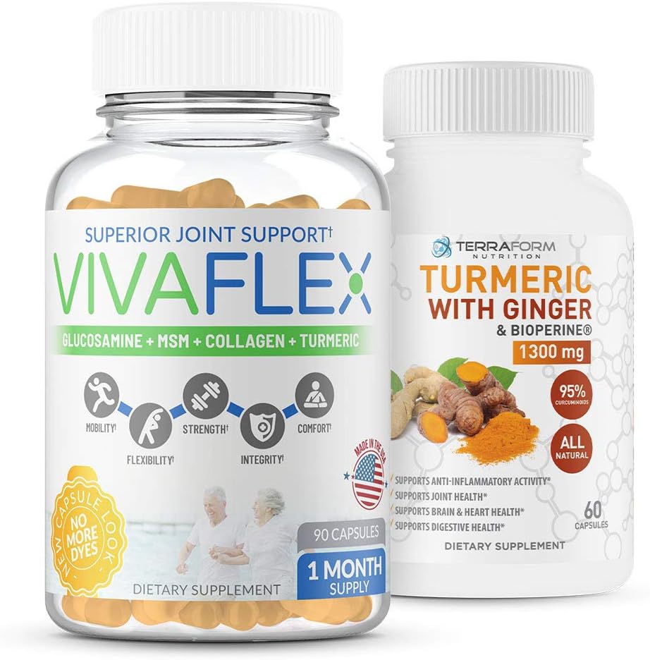 Terraform Nutrition Joint Relief Combo Pack - Vivaflex Plus Turmeric Curcumin עם ג'ינג'ר - תוספי הטוב ביותר עבור עזרה משותפת וברך - 1 חודש אספקה