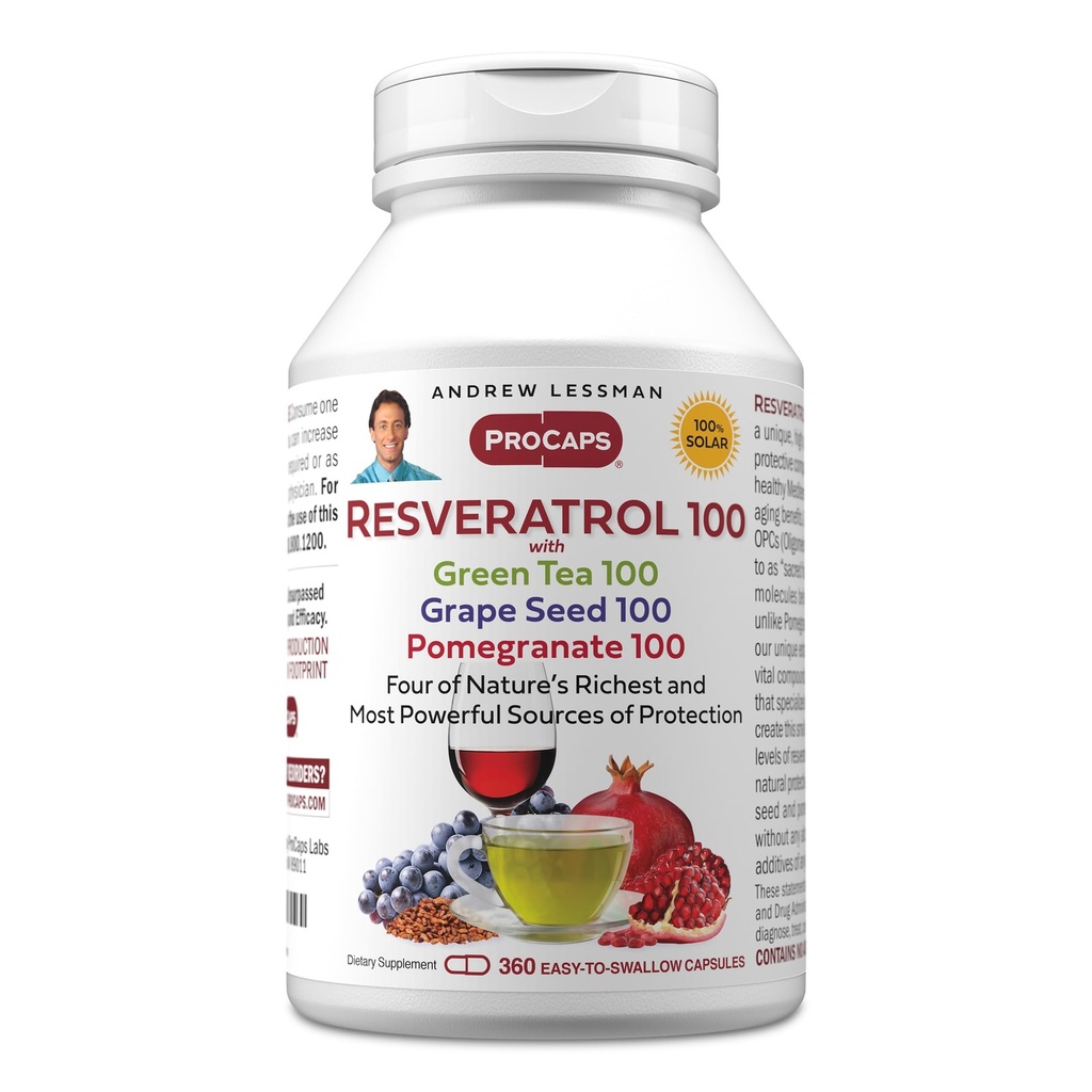ANDREW LESSMAN Resveratrol 100 עם תה ירוק 100 Grape Seed 100 Pomegranate 100 מ"ג - 360 קפסולות - ארבעה Powerful, Protective Anti-oxidants.